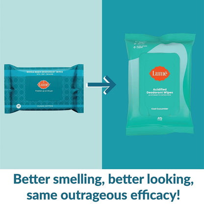 Lume Acidified Deodorant Wipes - 24 Hour Odor Control - Aluminum Free, Baking Soda Free, Skin Loving - 45 Count (Pack of 3) (Cool Cucumber)