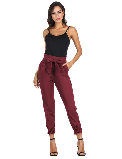 GRACE KARIN Womens Casual High Waist Pencil Pants with Pockets Bow-Knot Cropped Paper Bag Pants for Work Wine S