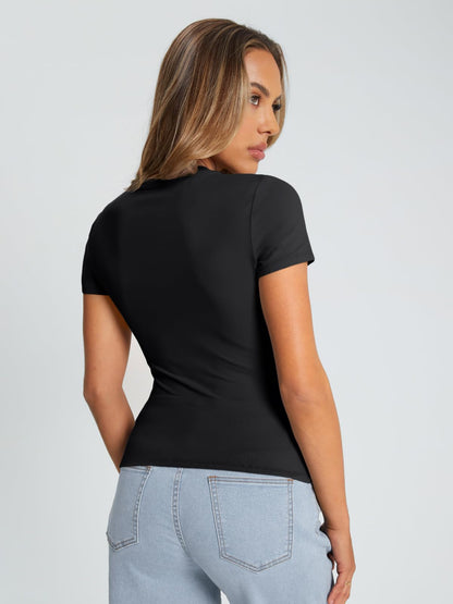 Trendy Queen Womens Stretchy Soft Opaque Basic T Shirts - Slim Fit Short Sleeve Y2k Cute Summer Crop Workout Tops Black M