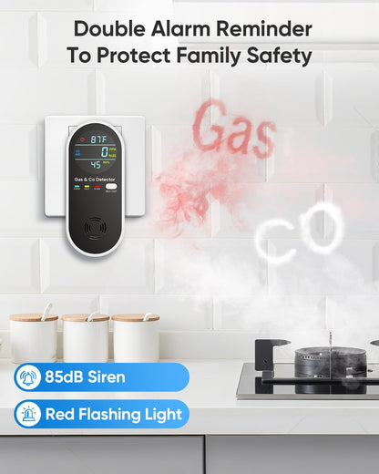 Carbon Monoxide Detectors & Natural Gas Detector, 4-in-1 Carbon Monoxide Detectors Plug in, Gas Leak Detector with Dual Alarms, Temperature & Humidity Sensor for Home, RV Essentials, Black, 2 Packs