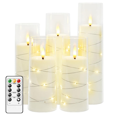 kakoya Flameless LED Candles with Timer 5 Pc Flickering Flameless Candles for Romantic Ambiance and Home Decoration Stable Acrylic Shell,with Embedded Star String，Battery Operated Candles（White）