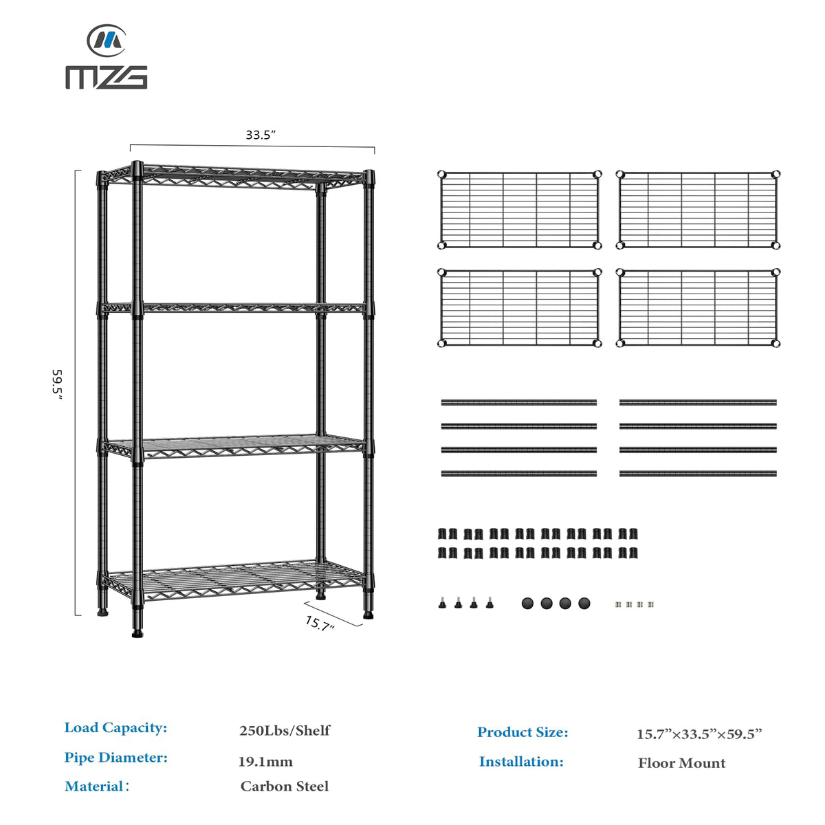 M MZG 1000 lbs 4 Tier Shelf Metal Storage Shelves Shelving Wire Rack Heavy Duty Closet Organizers for Garage Kitchen Bathroom Laundry Black 15.7" D x 33.5" W x 59.5" H