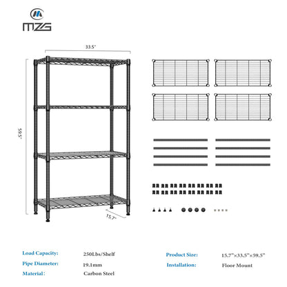 M MZG 1000 lbs 4 Tier Shelf Metal Storage Shelves Shelving Wire Rack Heavy Duty Closet Organizers for Garage Kitchen Bathroom Laundry Black 15.7" D x 33.5" W x 59.5" H