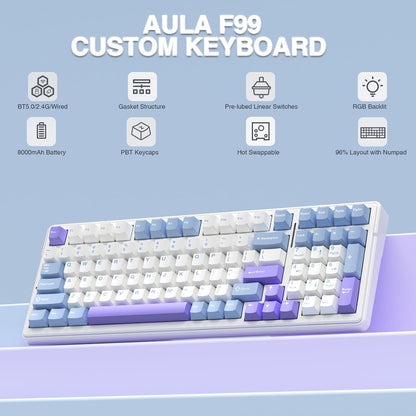 AULA F99 Wireless Mechanical Keyboard,Tri-Mode BT5.0/2.4GHz/USB-C Hot Swappable Custom Keyboard,Pre-lubed Linear Switches,Gasket Structure,RGB Backlit Gaming Keyboard for PC/Tablet/Xbox/PS4/PS5