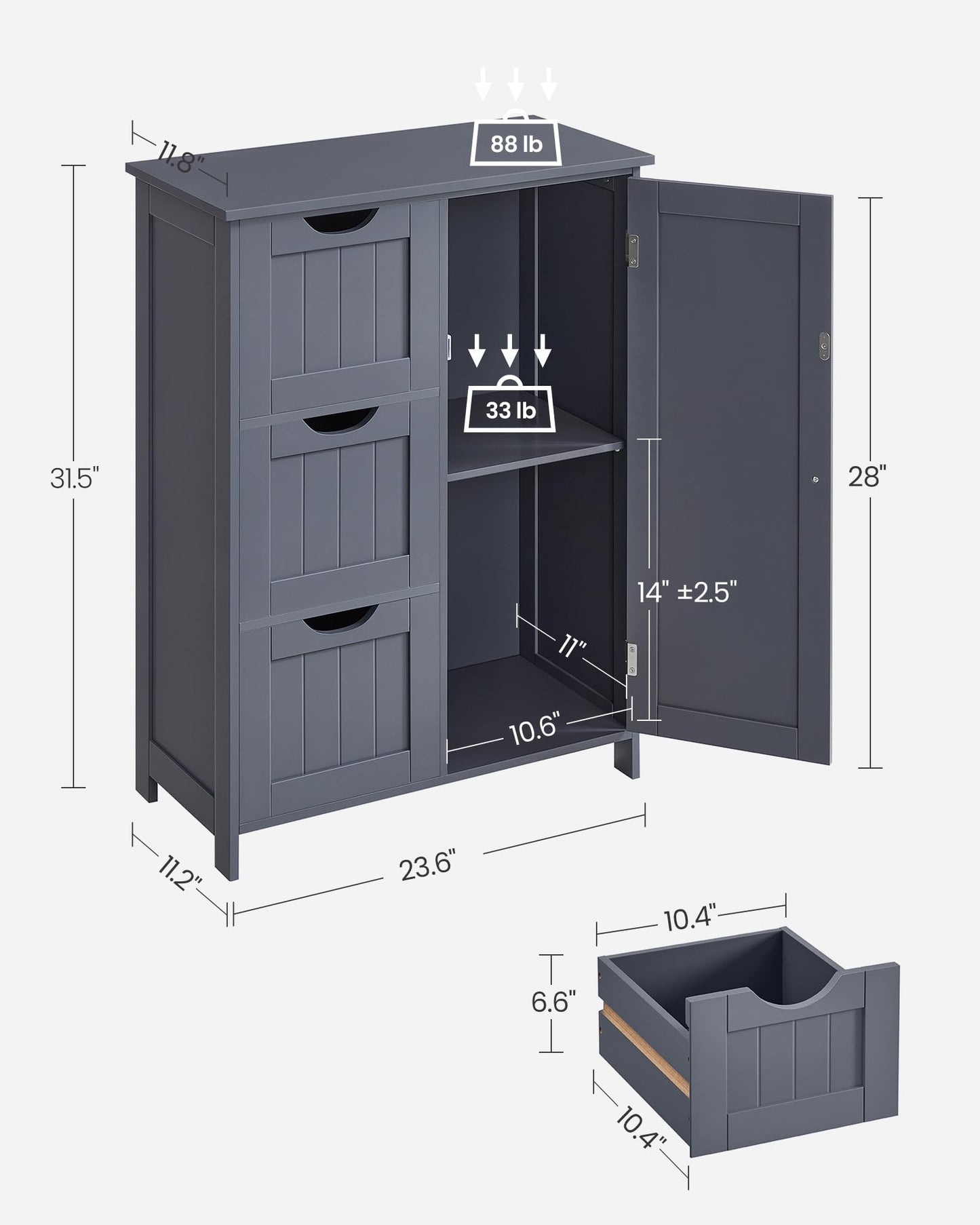 VASAGLE Bathroom Floor Storage Cabinet, Freestanding Bathroom Storage Unit with 3 Drawers, 1 Adjustable Shelf, 11.8 x 23.6 x 31.5 Inches, Slate Gray UBBC049G01