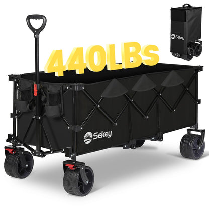 Sekey 48''L Collapsible Foldable Extended Wagon with 440lbs Weight Capacity, Heavy Duty 300L Folding Utility Garden Cart with Big All-Terrain Beach Wheels & Drink Holders. Black