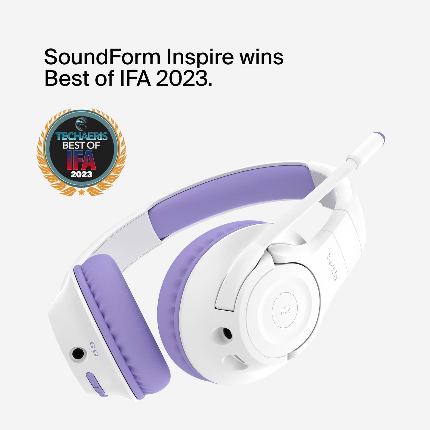 Belkin SoundForm Inspire Wireless Over-Ear Headset for Kids, Online Learning & Travel w/Built-in Microphone, 85dB Safe Volume Limit, 35H Battery - Compatible w/iPhone, iPad, Galaxy & More - Lavender