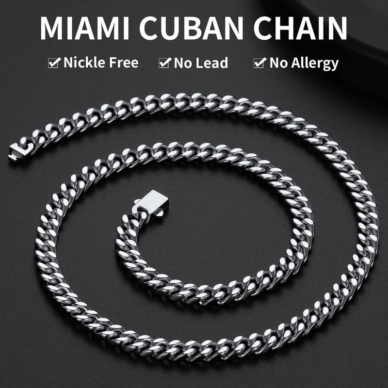 Stainless Steel Mens Cuban Link Chain, Miami Cuban Chain Necklace for Men, 7mm Wide Hip Hop Mens Jewelry, 20"