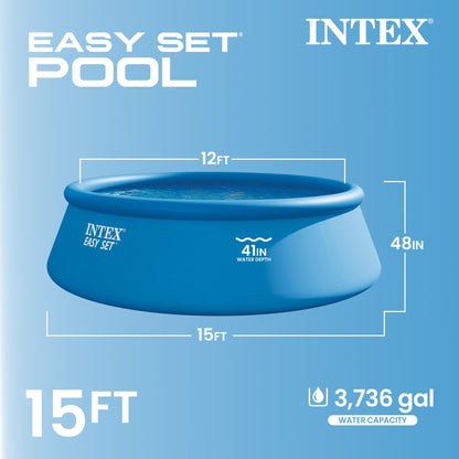 INTEX Easy Set 15 ft x 48in Above Ground Pool Set, Round Inflatable Swimming Pool with 1000 GPH Cartridge Filter Pump, Ladder, Cover, & Ground Cloth