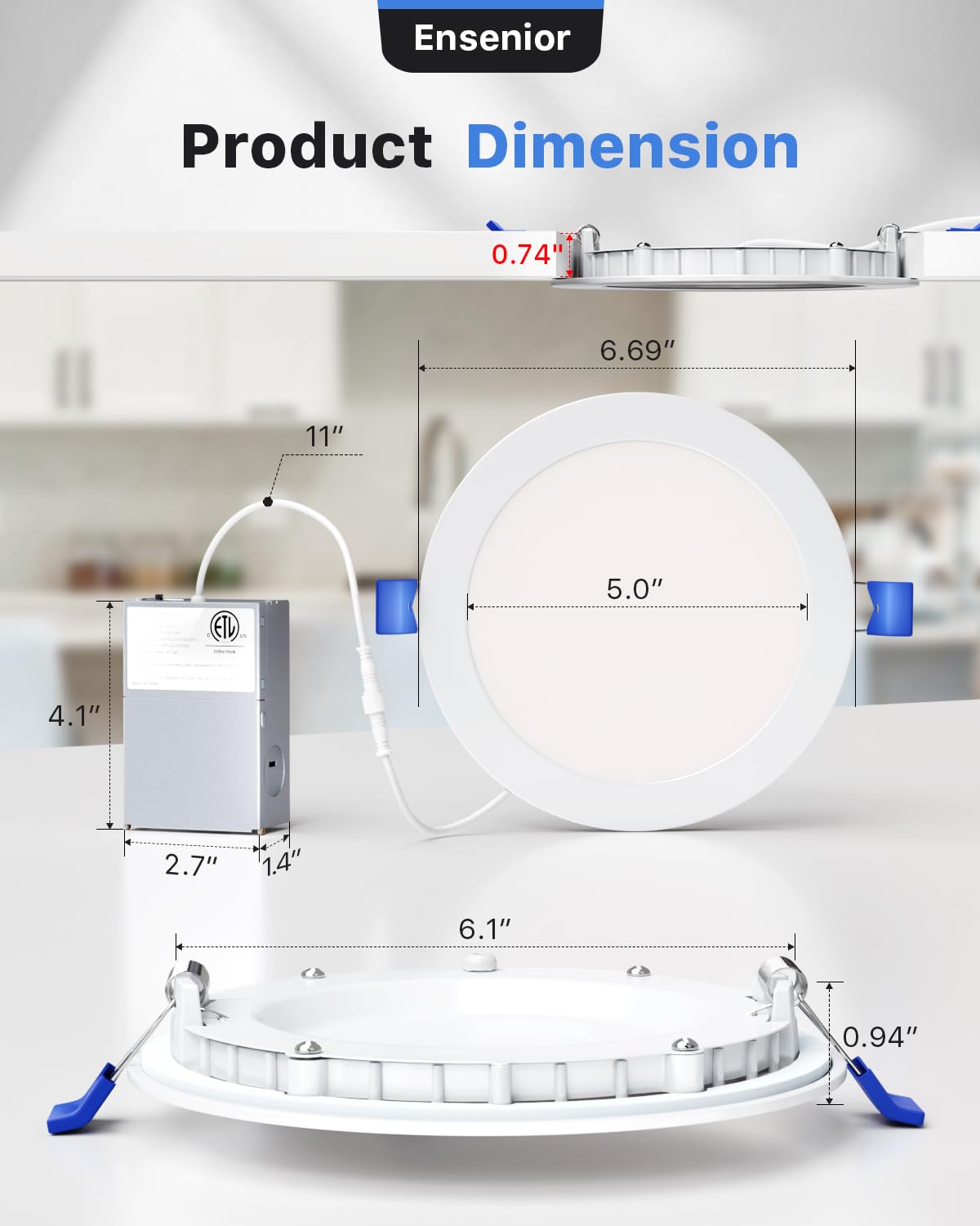 Ensenior 12 Pack 6 Inch LED Recessed Ceiling Light, Dimmable, 2700K-5000K 5CCT, 1050LM 12W 120V, High Brightness Canless Wafer Downlight - ETL&FCC&IC