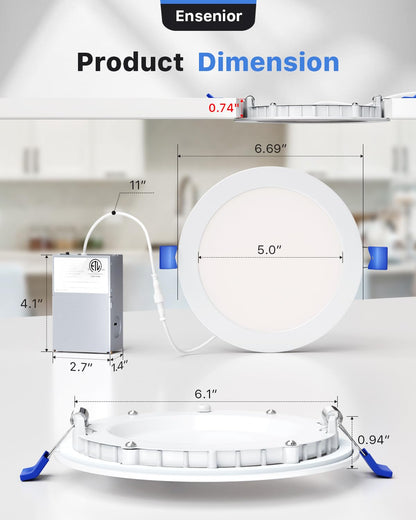 Ensenior 12 Pack 6 Inch LED Recessed Ceiling Light, Dimmable, 2700K-5000K 5CCT, 1050LM 12W 120V, High Brightness Canless Wafer Downlight - ETL&FCC&IC