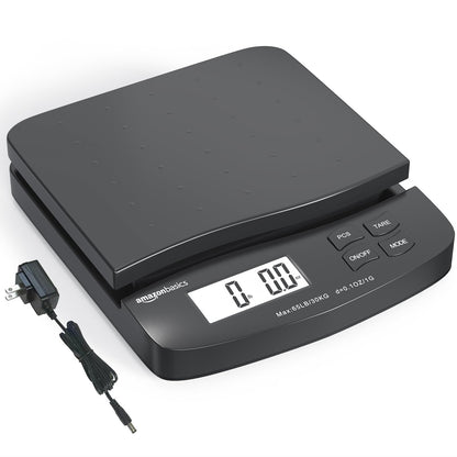 Amazon Basics Digital Postal Scale, AC Adapter, 65 lb Capacity, 0.1 oz Readability, Black