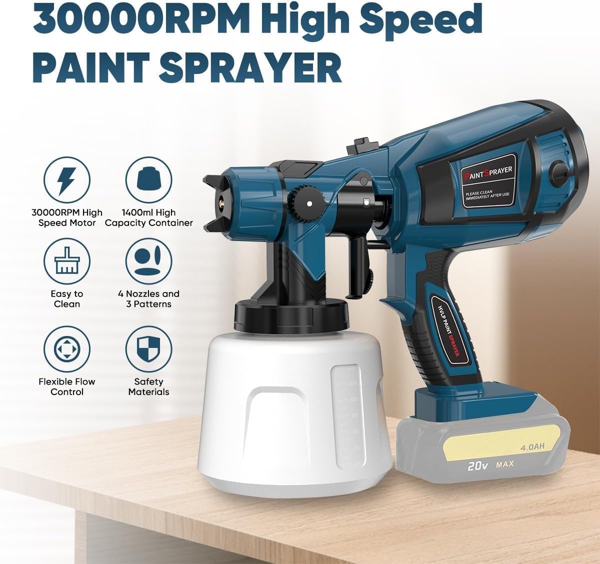 Paint Sprayer Tool High Power Electric Spray Paint Gun Easy to Clean for Furniture Cabinets Fence Walls Door Garden Chairs Dark Blue (Not Include Battery)