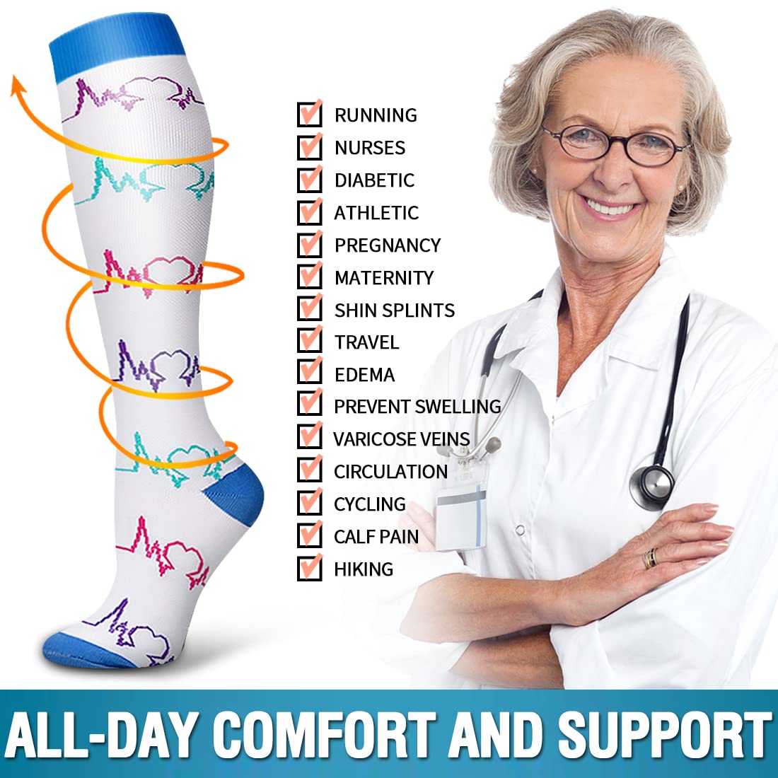 Bluemaple 6 Pack Copper Compression Socks for Women Circulation-Best Support for Medical, Running, Nursing, Athletic