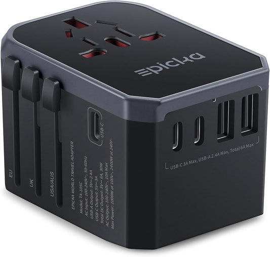 EPICKA Universal Travel Adapter, International Power Plug Adapter with 3 USB-C and 2 USB-A Ports, All-in-One Worldwide Wall Charger for USA EU UK AUS (TA-105C, Black)