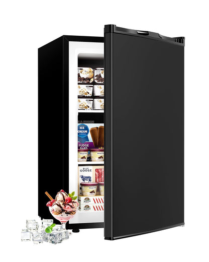 Feelfunn 3.0 Cu.ft Upright Freezer - Compact Mini Freezer with 7 Adjustable Thermostat, Removable Shelves, Reversible Single Door, 360°Uniform Cooling Small freezer for Home Office Kitchen Dorm, Black
