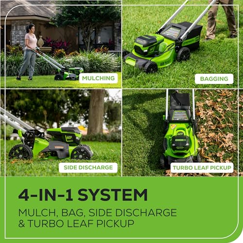 Greenworks 60V 21” Cordless (Push) Lawn Mower (LED Lights + Aluminum Handles), 5.0Ah Battery and Rapid Charger