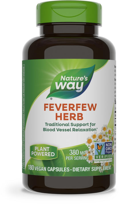 Nature's Way Feverfew Herb, Traditional Support for Blood Vessel Relaxation*, 380 mg per Serving, Non-GMO Project Verified, 180 Vegan Capsules (Packaging May Vary)