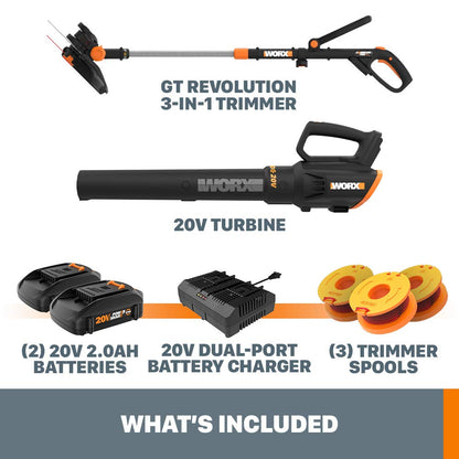 WORX 20V GT Revolution 12" Cordless String Trimmer & Turbine Leaf Blower Power Share Combo Kit - WG930.2 (Batteries & Charger Included)