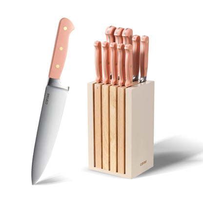 CAROTE 11 Pieces Knife Set with Block for kitchen, Stainless Steel Razor-Sharp Blade, Triple Riveted Ergonomic Handle, Wooden Magnetic Block, Essential Knife Block Set, Pink