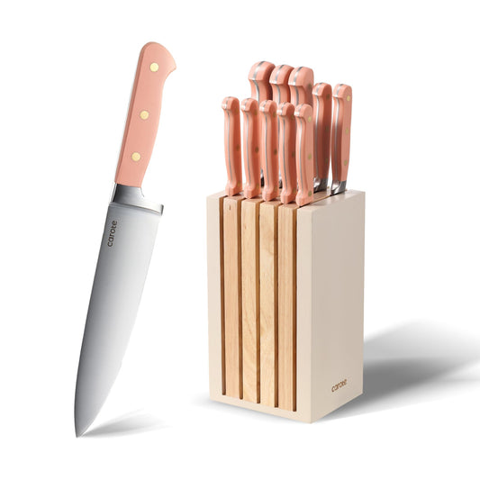 CAROTE 11 Pieces Knife Set with Block for kitchen, Stainless Steel Razor-Sharp Blade, Triple Riveted Ergonomic Handle, Wooden Magnetic Block, Essential Knife Block Set, Pink