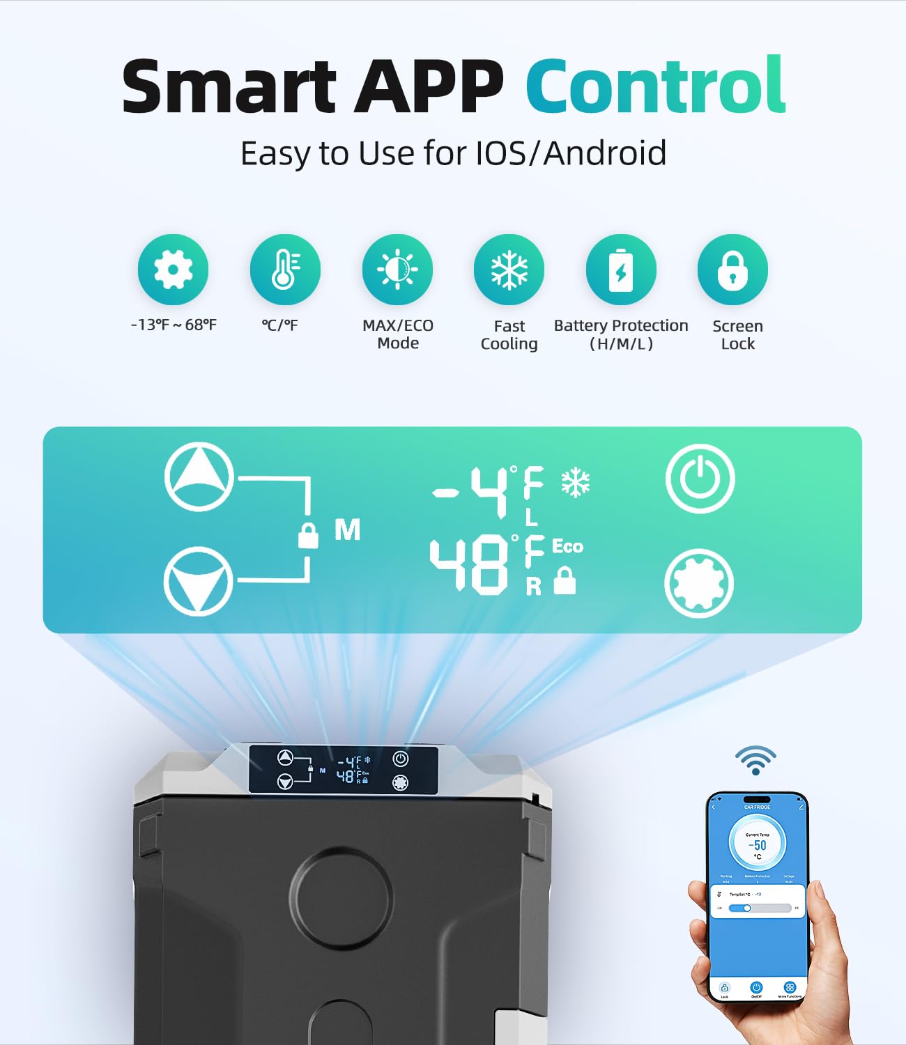 12V Car Refrigerator 59QT(56L) Car Fridge with App Portable Freezer Electric Cooler with Wheels 12/24V DC 110-240 Volt AC for Truck Van RV Camper SUV Travel Camping Road Trips Tailgating -13℉~68℉