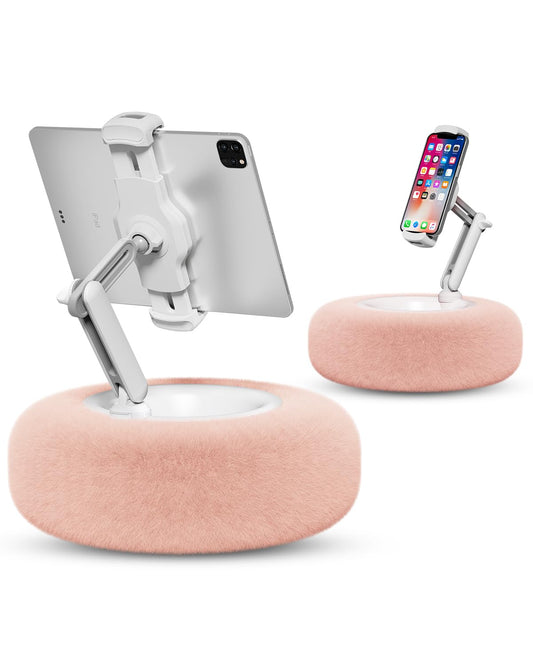 Viozon Tablet Stand Pillow, Compatible with 4.7"-13" Phone/Tablet, iPad, iPhone, Samsung, Google, Kindle, 360°Adjustable Phone Holder for Bed with Soft Plush Fabric, and Detachable Bowl, Pink