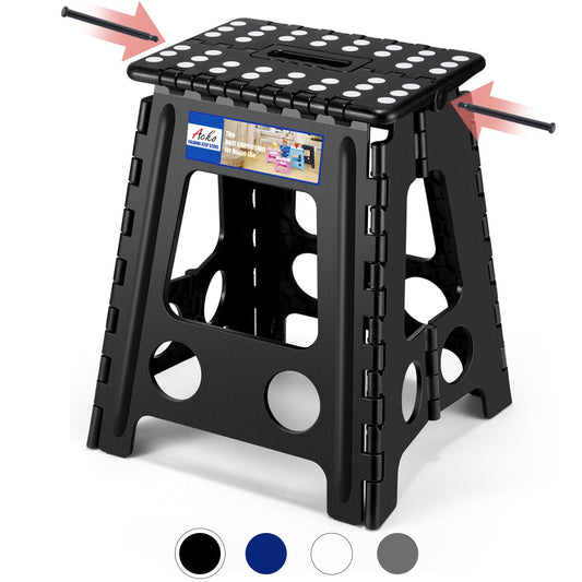 ACKO Folding Step Stool Foldable 16 Inch 400 lbs Capacity, Plastic Stools for Adults and Kids, Collapsible Stools for Kitchen, Stepping Stool with Handle, Black, 1 PC