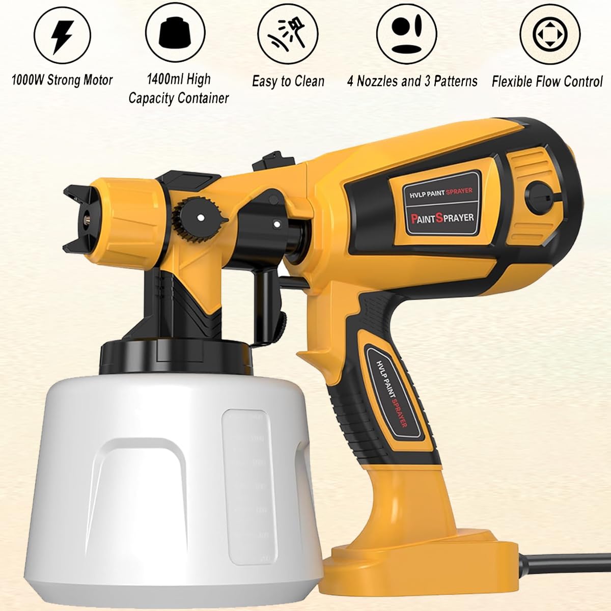 Paint Sprayer High Power Electric Spray Paint Gun with Adjustable Spray Width Knob,1400ML Container,4 Nozzles & 3 Patterns,Easy to Clean for House Painting Midium Yellow