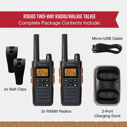 Cobra RX680 Waterproof Walkie Talkies for Adults - Rechargeable, 60 Preset Channels, Long Range 38-Mile Two-Way Radio Set (2-Pack),Black and Orange