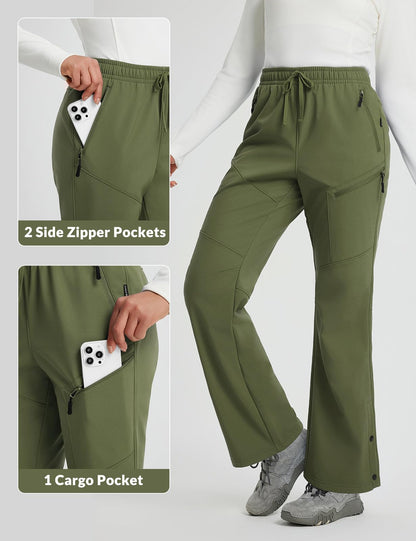 baleaf Women's Snow Ski Pants Waterproof Hiking Fleece Lined Pants Pockets Thermal Warm Insulated Softshell Army Green M