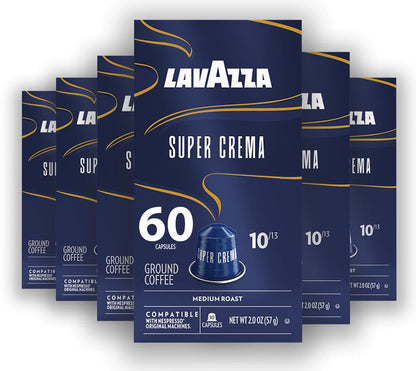 Lavazza Super Crema Aluminum Capsules Compatible with Nespresso* Original Machines, Medium Roast, Arabica and Robusta Blend (60 Capsules)