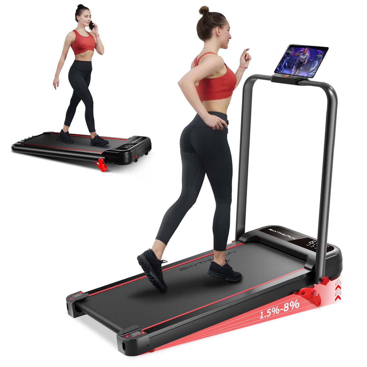 RHYTHM FUN Incline Foldable Treadmill, Walking Pad Treadmill with Incline, 300 lbs Portable Treadmills with Handles for Home Office Use, Under Desk Compact Walking pad with LED Display & APP