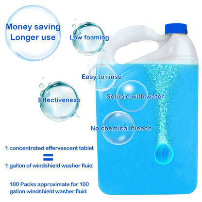 100 Pieces Car windshield washer fluid Concentrated Clean Tablets,New Formula windshield wiper fluid Solid Effervescent Tablet.Remove glass stains,Clear vision(Use With De-icer or Methanol for Winter)