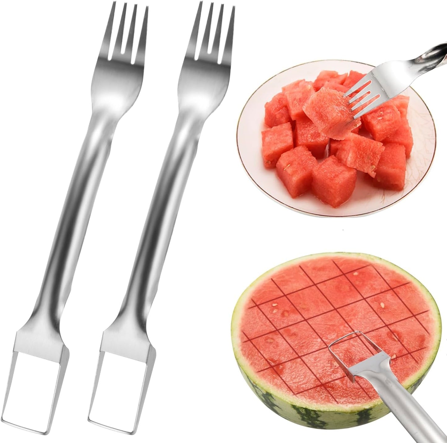 2Pcs Watermelon Fork Slicer Cutter, Stainless Steel 2-in-1 Watermelon Fork Slicer, Portable Tool for Home Party Camping Kitchen Gadget