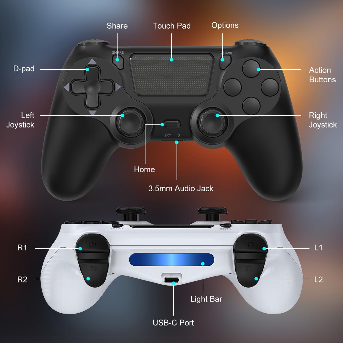 Wuthur 2 Pack Wireless Controller Compatible with PS4/Pro/Slim - Black White