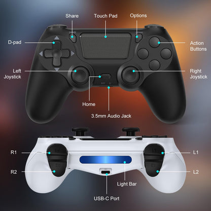 Wuthur 2 Pack Wireless Controller Compatible with PS4/Pro/Slim - Black White