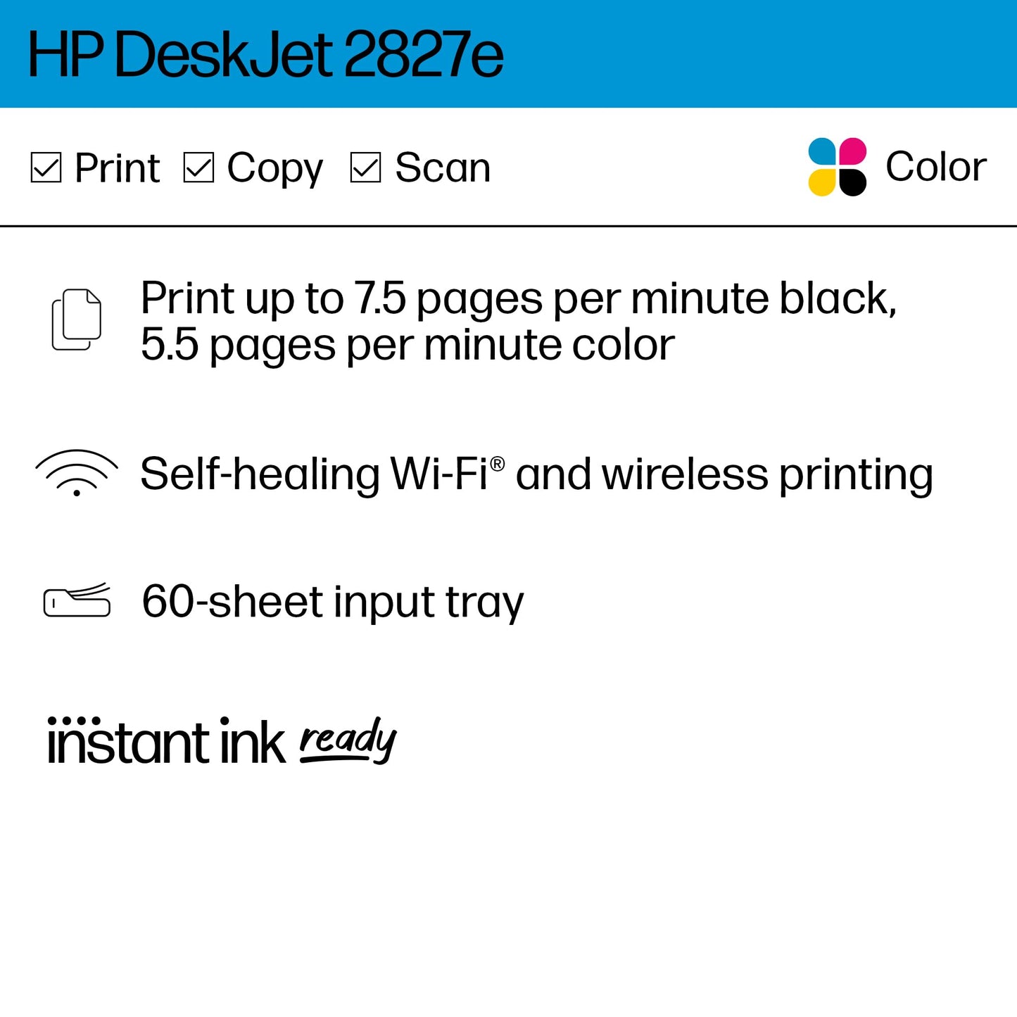 HP DeskJet 2827e Wireless All-in-One Color Inkjet Printer, Scanner, Copier, Best Home Printer, 3 Months of Instant Ink Trial Included (6W7F5A)