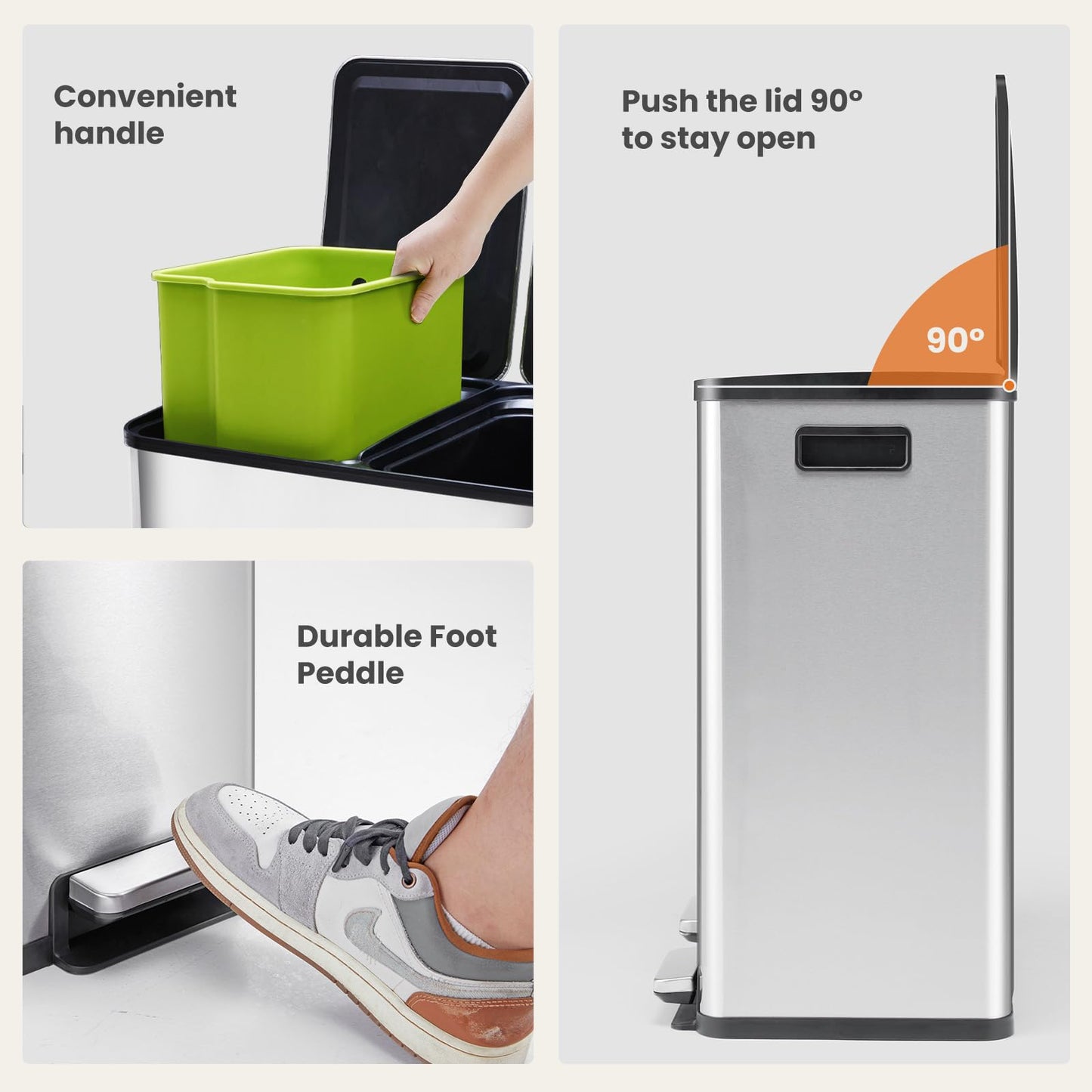 DUMOS Kitchen Trash Can, 2×8-Gallon Garbage Can with Lid, Stainless Steel Trash Bin with 2 Removable Inner Buckets, Soft-Close Foot Pedal, Fingerprint-Resistant for Kitchen Home Office