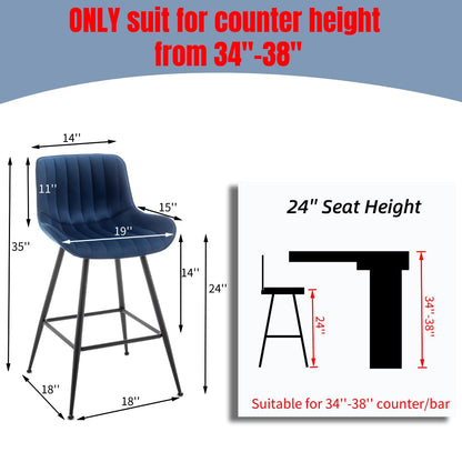 Whiterye Bar Stools Set of 2 - Luxury Bar Stools Counter Height Bar Stools 24 Inch Seat Height Upholstered Velvet Barstools Blue Bar Stools for Kitchen Island, Home Bar, Bar Pub (Blue).