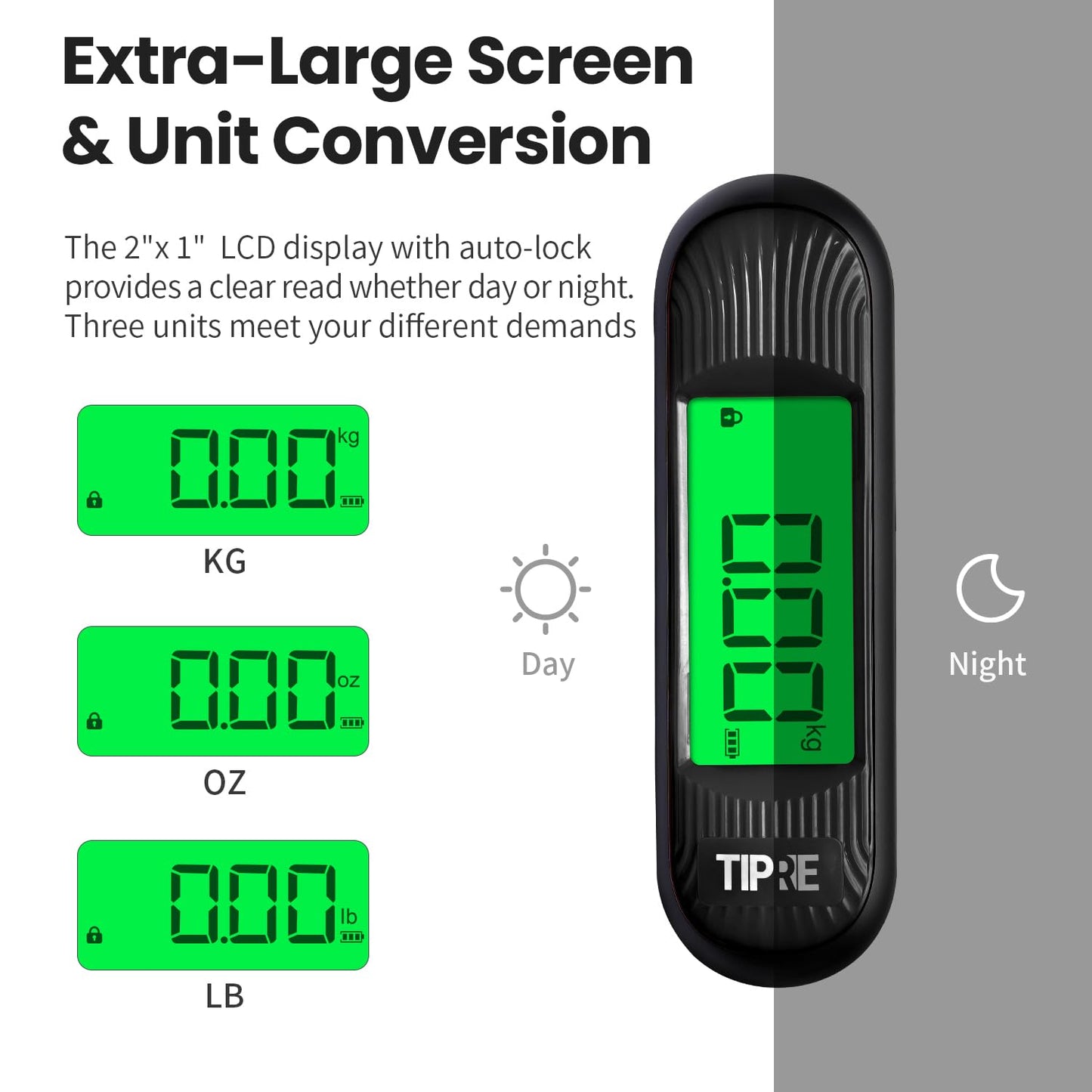 TIPRE Luggage Scale, 110lb Luggage Weight Scale Digital Suitcase Scale with Hook, Portable Weight Scale for Travel with Backlight LCD Display, Baggage Scale for Travelers, Battery Included - Black