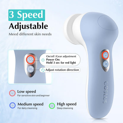 COSLUS Powered Facial Cleansing Brush: Rechargeable Electric Face Cleanser for Sensitive & Acne-Prone Skin, 3 Brush Heads, 3 Speeds, 2-Direction Rotation, for Men Women IPX7, Deep Cleaning Blue