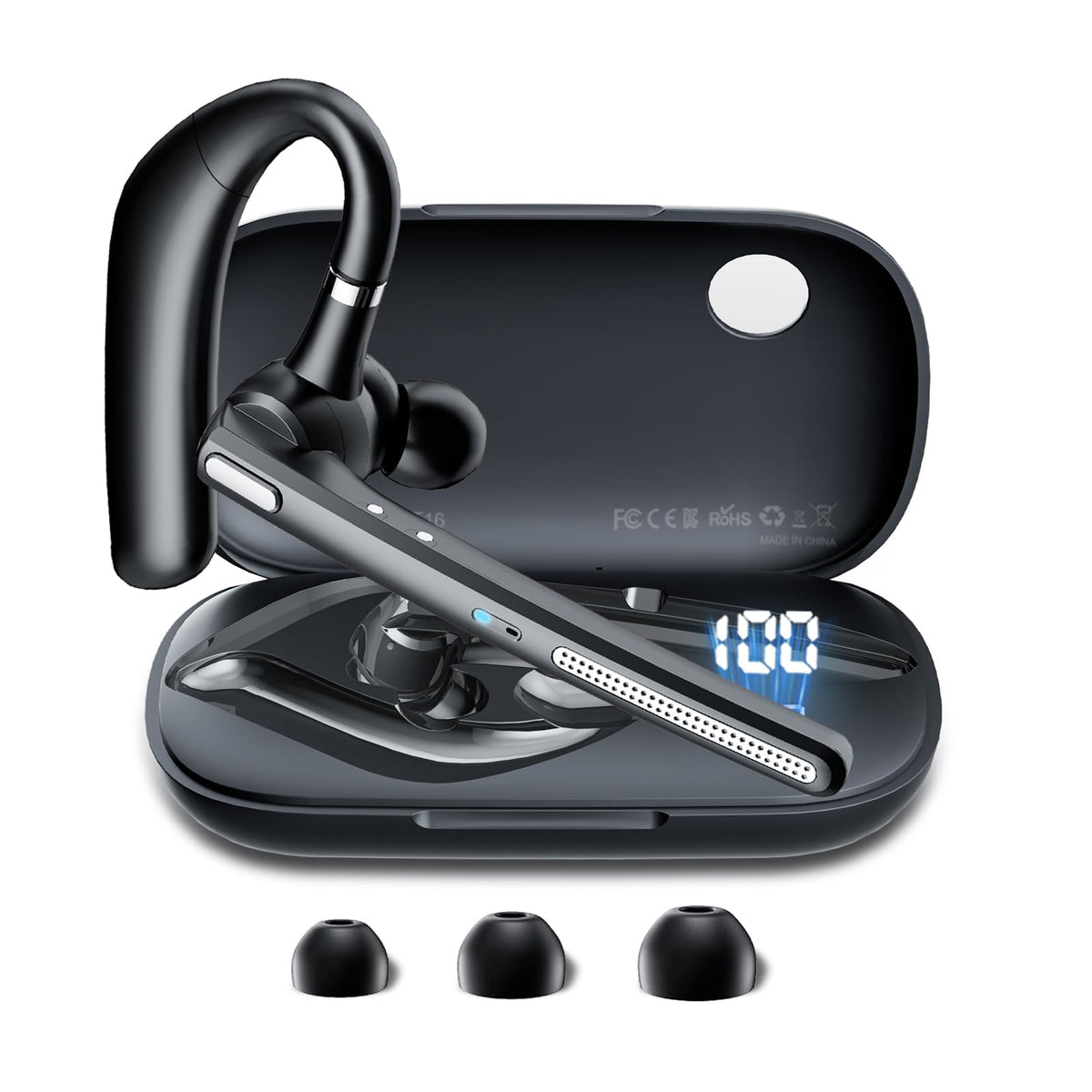 COTOE Bluetooth Headset V5.3, Wireless Earpiece with 500mAh Charging Case Hand-Free Headphones Noise Canceling Mic for Office/Driving/Business