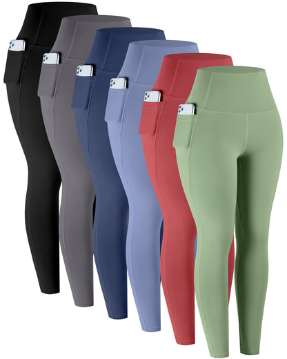 LZYVOO Leggings with Pockets for Women, 6 Packs Soft High Waisted Tummy Control Workout Yoga Pants(BlackGrayNavyBlueXRedCGreen-L)