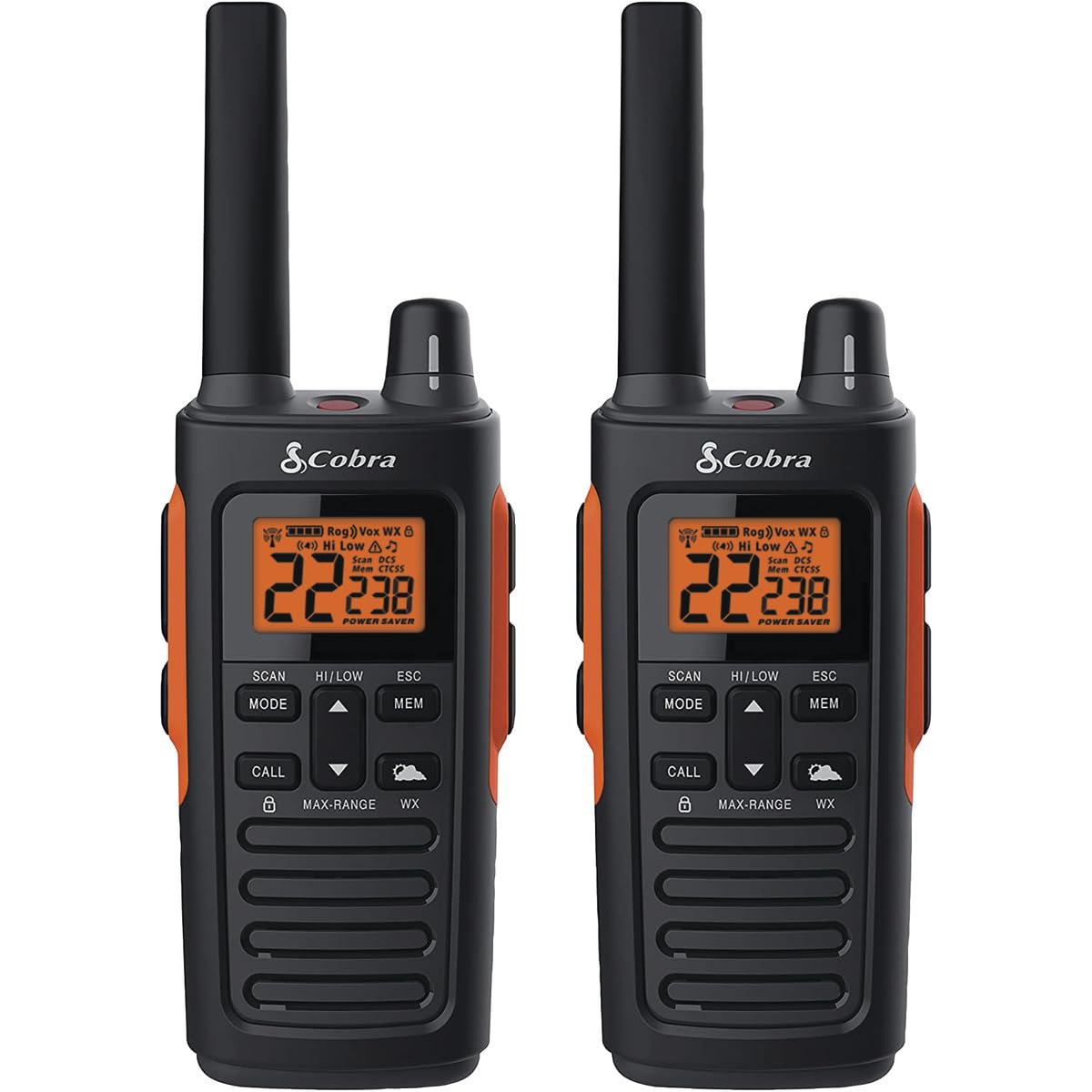 Cobra RX680 Waterproof Walkie Talkies for Adults - Rechargeable, 60 Preset Channels, Long Range 38-Mile Two-Way Radio Set (2-Pack), Black and Orange