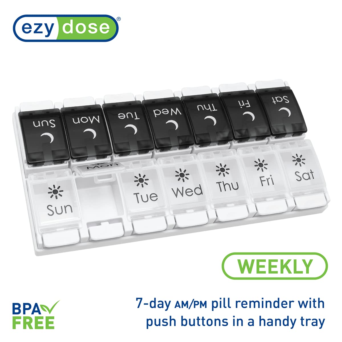 EZY DOSE Push Button (7-Day) Pill Case, Medicine Planner, Vitamin Organizer, 2 Times a Day AM/PM, Removeabale Trays, Large Compartments, Arthritis Friendly, Black and White Lids, BPA Free