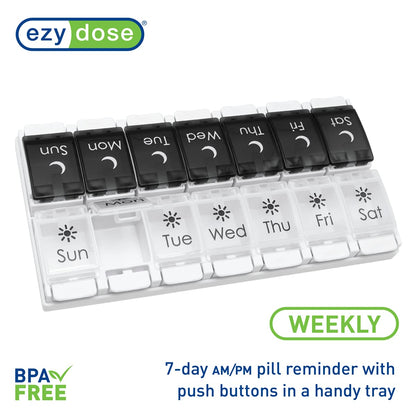 EZY DOSE Push Button (7-Day) Pill Case, Medicine Planner, Vitamin Organizer, 2 Times a Day AM/PM, Removeabale Trays, Large Compartments, Arthritis Friendly, Black and White Lids, BPA Free