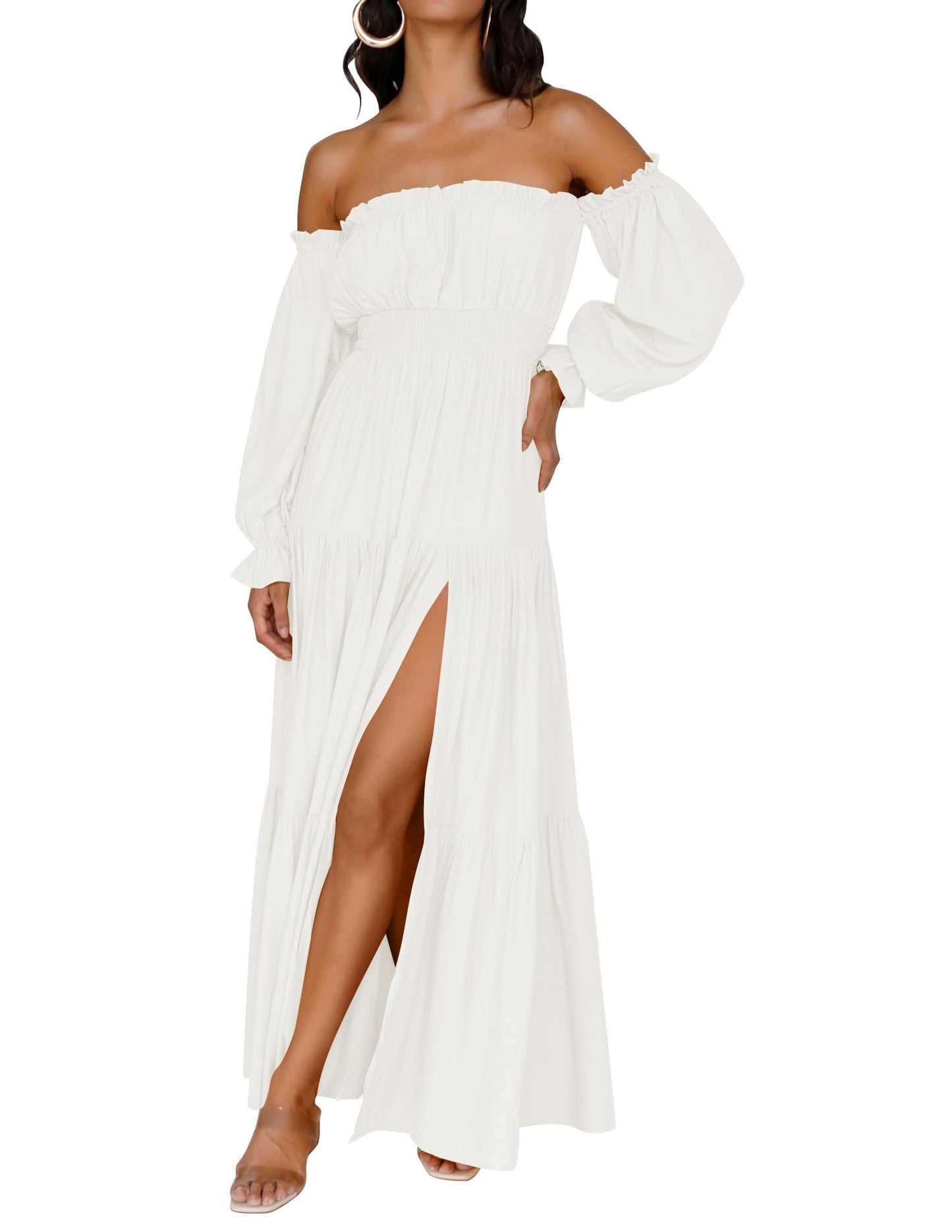 ZESICA Women's Boho Off Shoulder Spring Long Sleeve Dress 2026 High Waist Side Split Sexy Flowy A Line Long Maxi Dresses White Medium