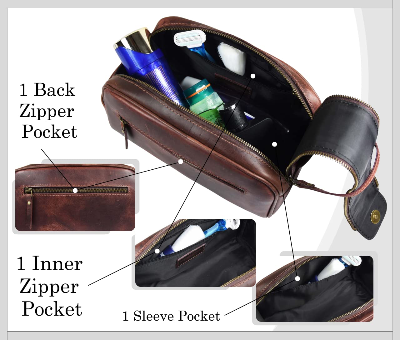 Leather Toiletry Bag for Men | Grooming Travel Kit | With Waterproof Lining | By Aaron Leather (Dark Brown)