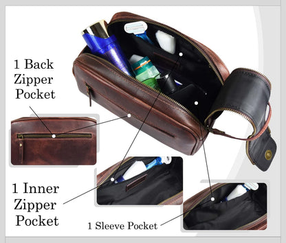 Leather Toiletry Bag for Men | Grooming Travel Kit | With Waterproof Lining | By Aaron Leather (Dark Brown)